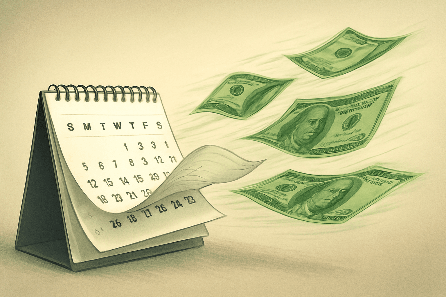 Calendar pages with money flying away